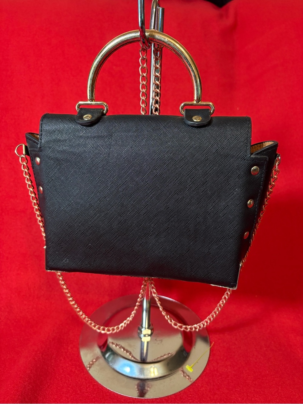 Black Mini Studded Faux Leather Crossbody Top Handle Satchel Gold Chain Bag - Picture 3 of 12